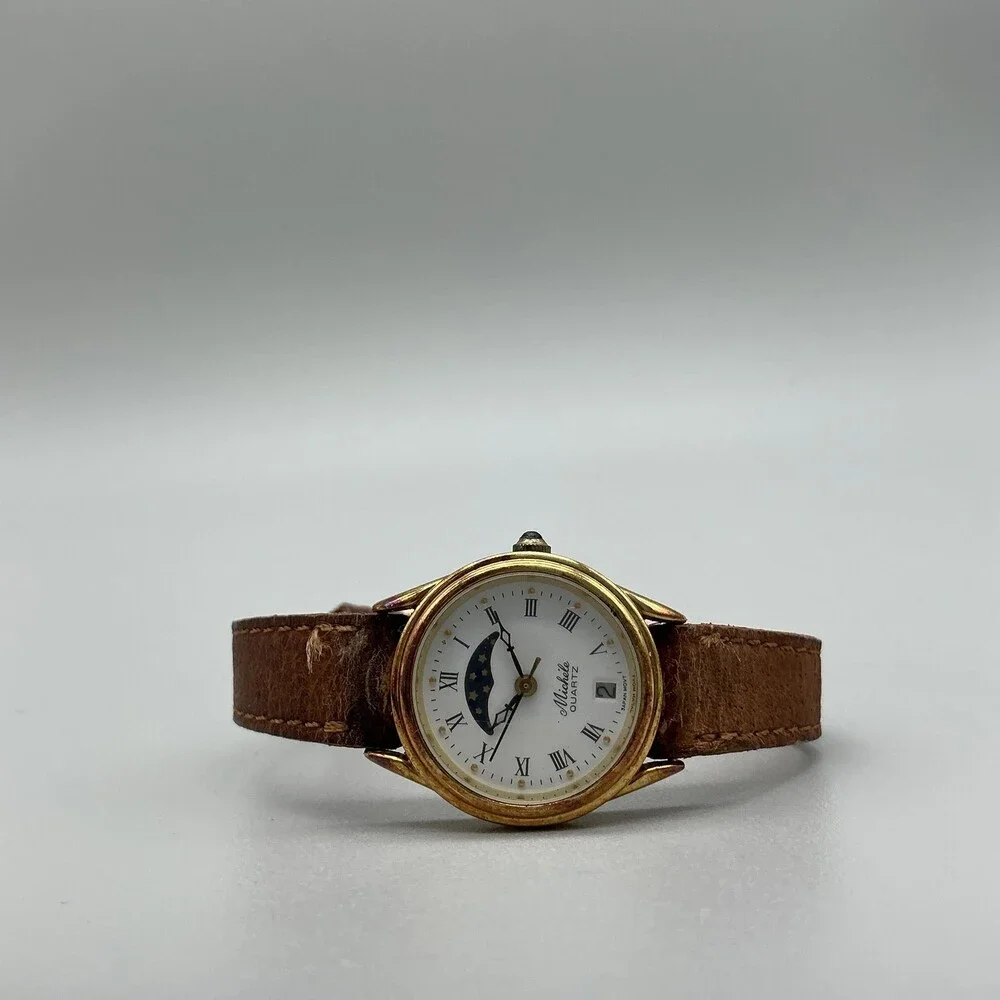 Vintage Michele Womens Watch 23mm Gold Tone Moon Phase Brown Leather New Battery